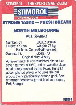 1990 AFL Scanlens Stimorol #106 Paul Spargo Back
